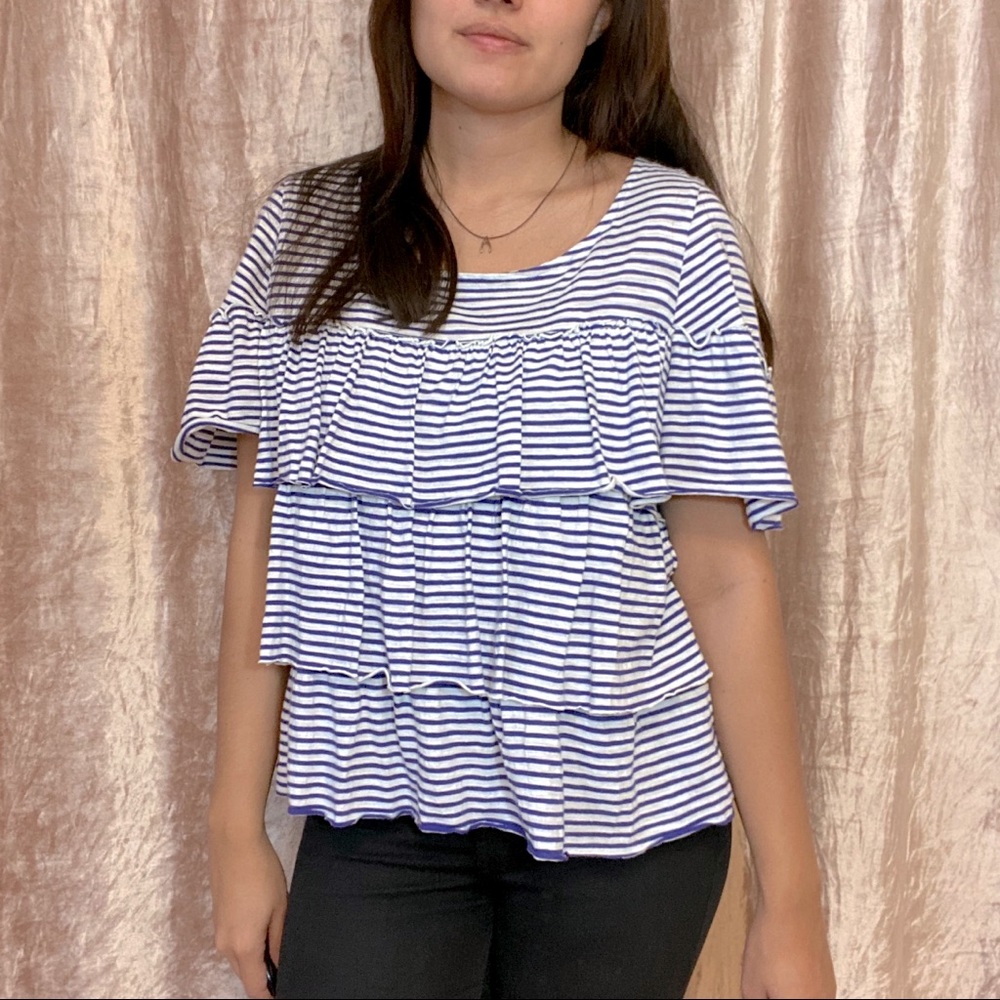 Anthro Postmark Ruffled Striped Tee